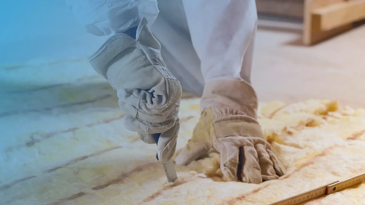 Ein Arbeiter mit Handschuhen kümmert sich um das Wärmedämmverbundsystem.